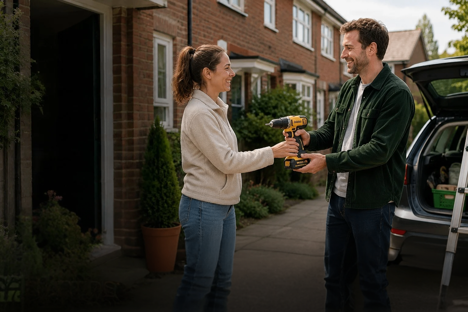 Two neighbours exchanging a cordless drill on a suburban street